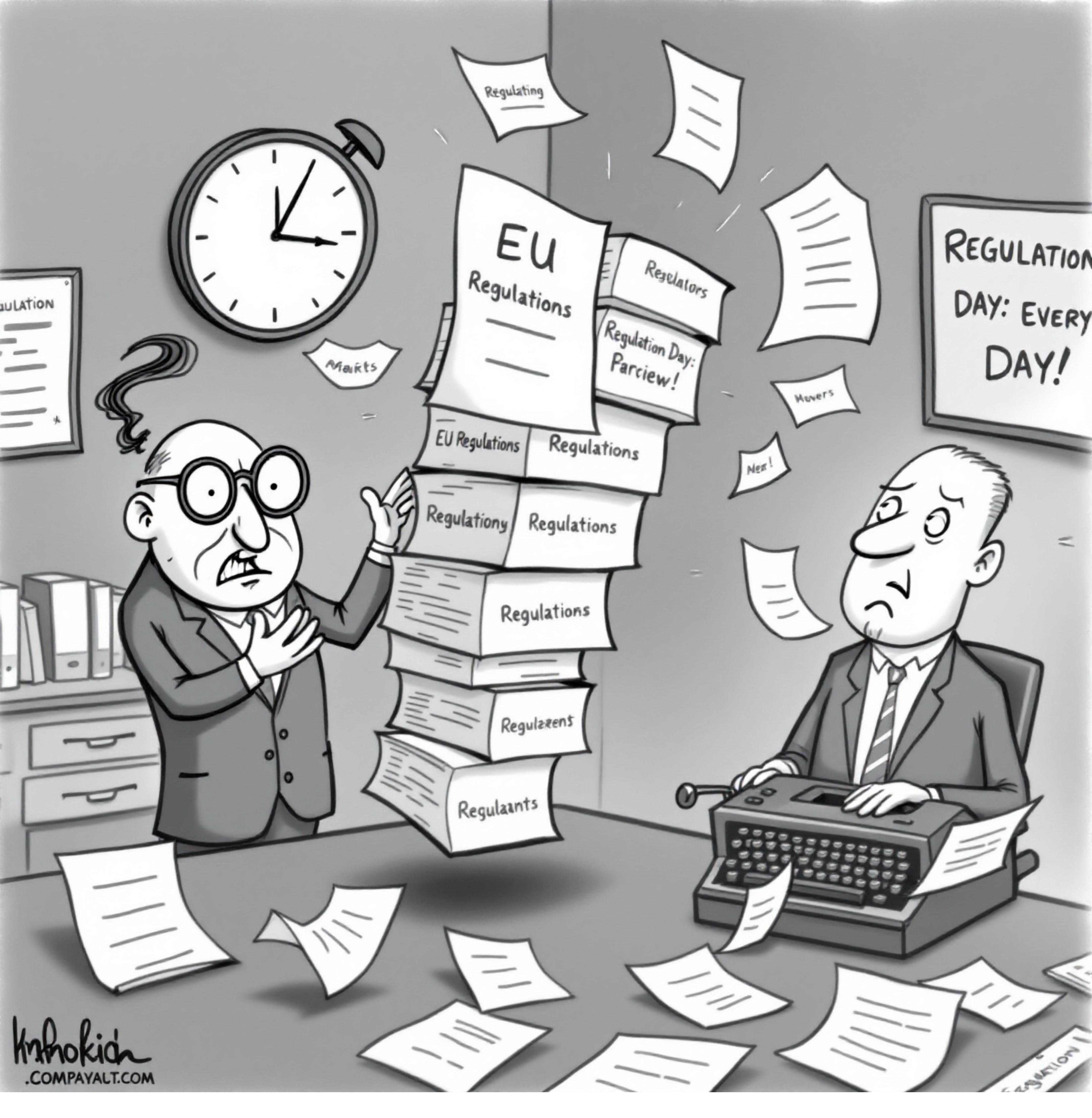 Cartoon depicting the overwhelming abundance of EU regulations with a frustrated bureaucrat